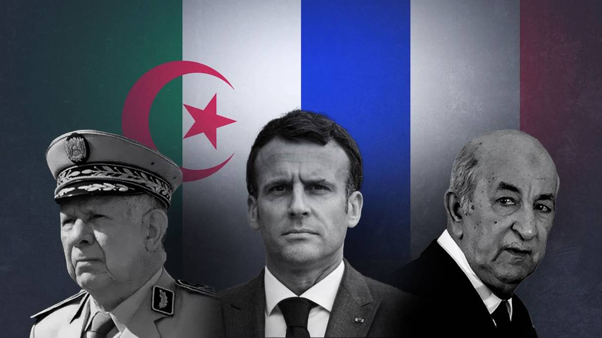 صورة تركيبية للرئيس الجزائري، عبد المجيد تبون والرئيس الفرنسي، إمانويل ماكرون، والسعيد شنقريحة، رئيس أركان الجيش الجزائري
