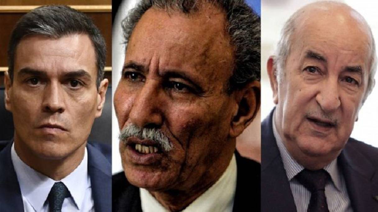 رئيس الحكومة الإسبانية بيدرو سانشيز، وزعيم جبهة البوليساريو الانفصالية إبراهيم غالي، والرئيس الجزائري عبد المجيد تبون.
