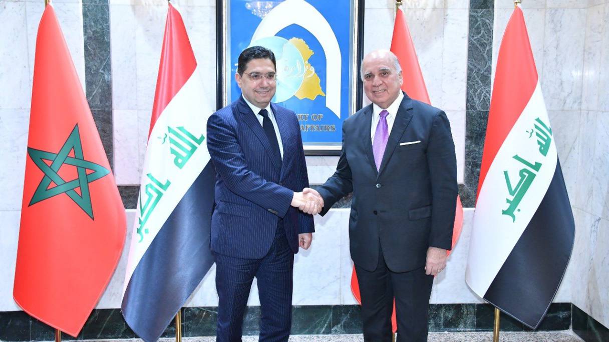 Le ministre des Affaires étrangères, Nasser Bourita, et son homologue irakien, Fouad Hussein, samedi 28 janvier 2023 à Bagdad.