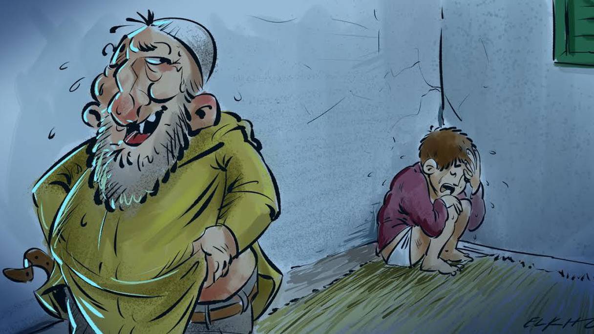 رسم تعبيري لرجل مسن يعتدي جنسيا على طفل