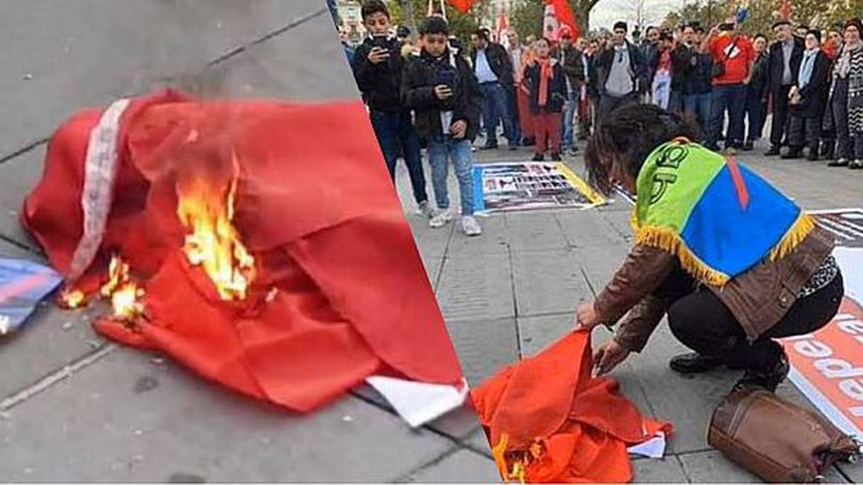 بعض المدعين للدفاع عن معتقلي أحداث الريف يحرقون العلم المغربي بباريس
