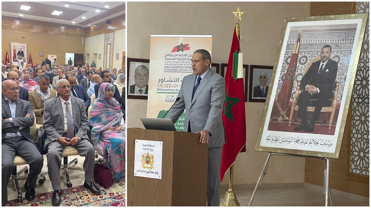 والي جهة العيون الساقية الحمراء عامل إقليم العيون، عبد السلام بكرات، خلال لقاء تشاوري موسع بالعيون