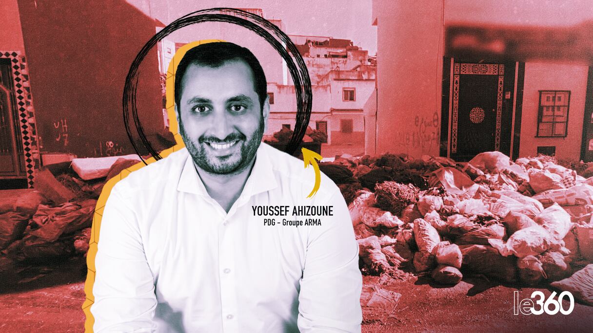 Youssef Ahizoune, patron d'ARMA Environnement. Au fond, le scandale des déchets à la pelle à Tanger en plein Aïd Al-Adha. (Y. El Harrak/Le360).
