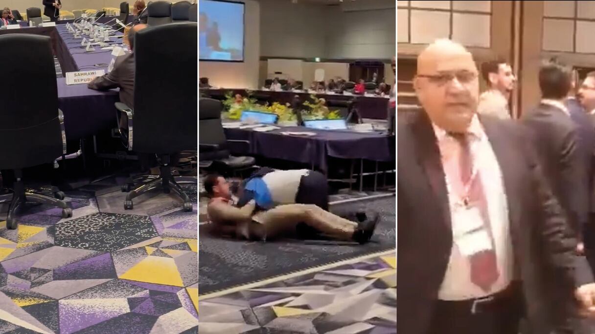 Une fausse pancarte de la "république sahraouie" placée lors de la réunion préparatoire TiCAD9 à Tokyo. Face aux protestations de la délégation marocaine, les "diplomates" algériens ont réagi par la violence. (Screenshots. Montage Le360).