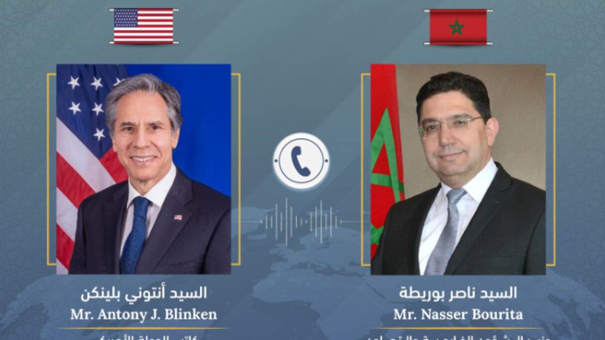 اتصال هاتفي بين ناصر بوريطة، وزير الشؤون الخارجية والتعاون الإفريقي والمغاربة المقيمين بالخارج ناصر بوريطة، وأنطوني بلينكن، وزير الخارجية الأمريكي.
