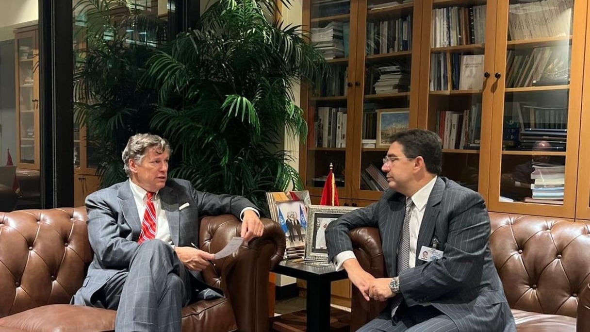 Lors d'une rencontre entre le sous-secrétaire d'Etat Christopher Landau et le ministre des Affaires étrangères Nasser Bourita, le 25 septembre 2025.