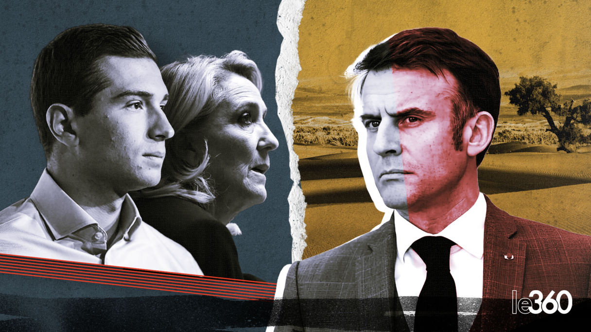 Jordan Bardella et Marine Le Pen (Rassemblement national). En face, le président français Emmanuel Macron. (Y. El Harrak/Le360).