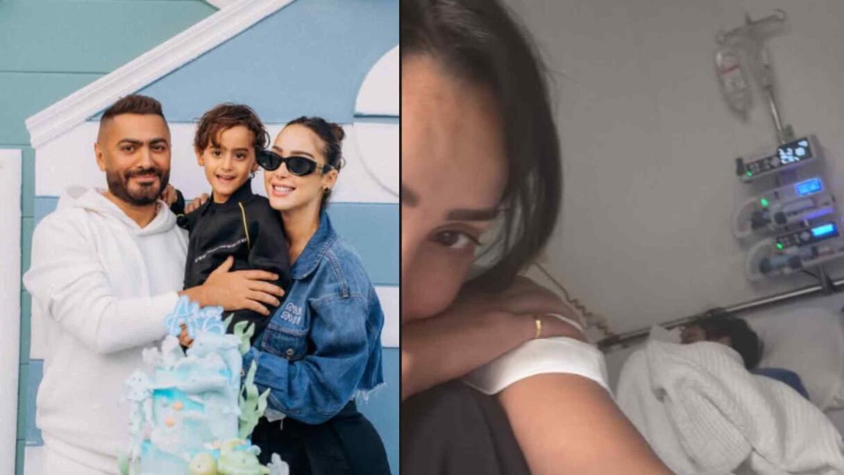 بسمة بوسيل مع ابنها آدم وطليقها تامر حسني