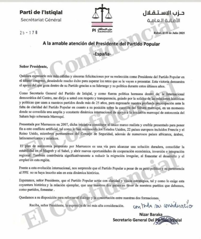 La lettre adressée par le secrétaire général du Parti de l'Istiqlal à Alberto Núñez Feijóo, leader du PP espagnol.