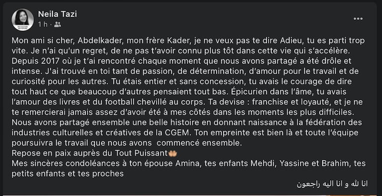 L'hommage rendu par Neila Tazi à Feu Abdelkader Retnani.