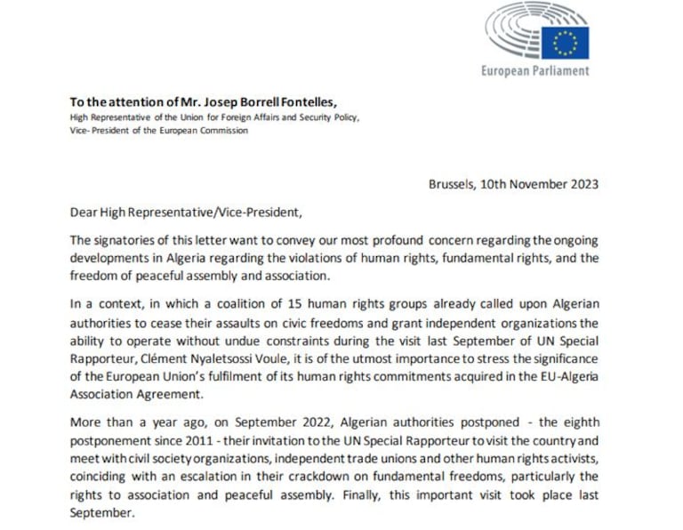 Extrait de la lettre des eurodéputés sur la situation des droits de l'Homme et des libertés en Algérie.