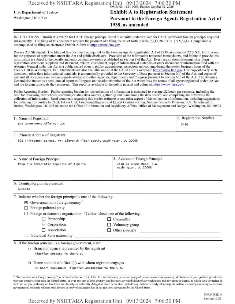 Le contrat signé entre l'Algérie et BGR Groupe, tel que figurant dans le Foreign Agents Registration Act.