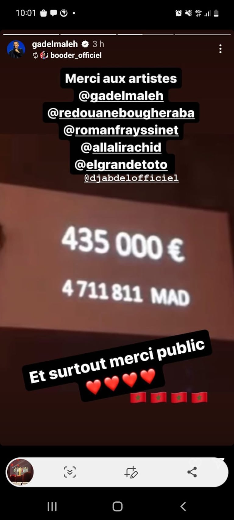 Sur sa story instagram, Gad El Maleh a partagé la recette récoltée à l'issue du spectacle "Show Solidarité Maroc", qui sera reversée au fonds 126.