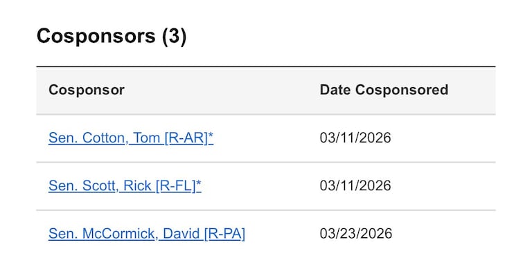 Liste des co-sponsors de la proposition de loi de Ted Cruz.